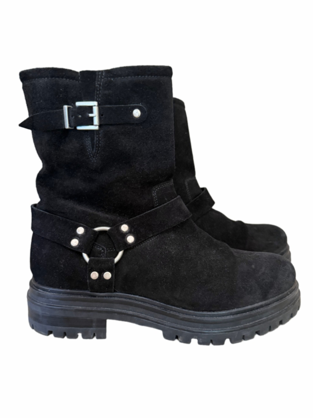 Miz Mooz Black Suede Leather Moto Biker Harness Boots Size 40